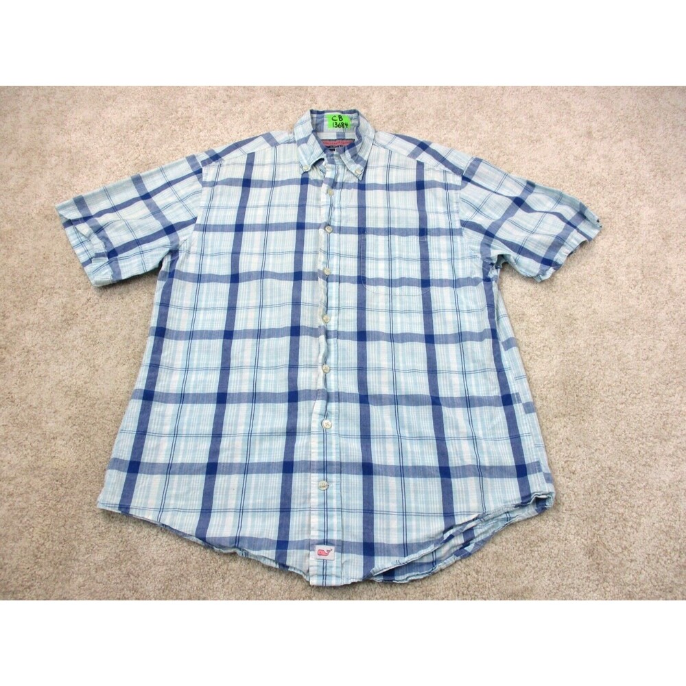 Vineyard Vines Shirt Mens Medium Blue Plaid Murray Whale Cotton Casual Button Up